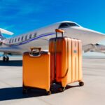 Due trolley rigidi color arancio metallizzato su pista d’aeroporto con jet privato sullo sfondo