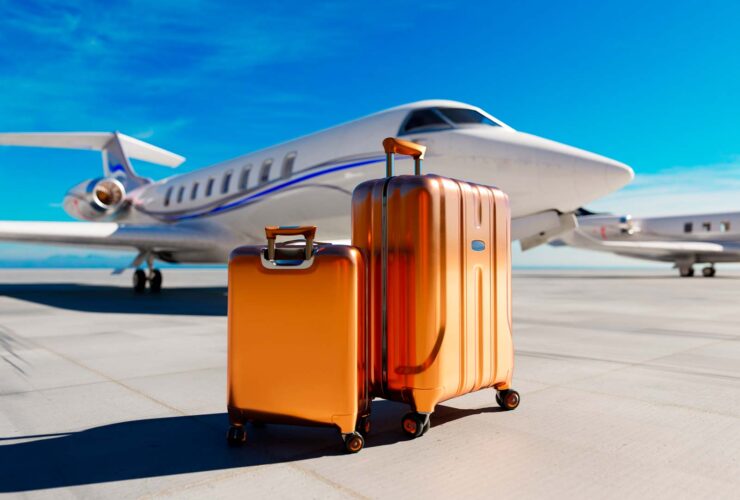Due trolley rigidi color arancio metallizzato su pista d’aeroporto con jet privato sullo sfondo
